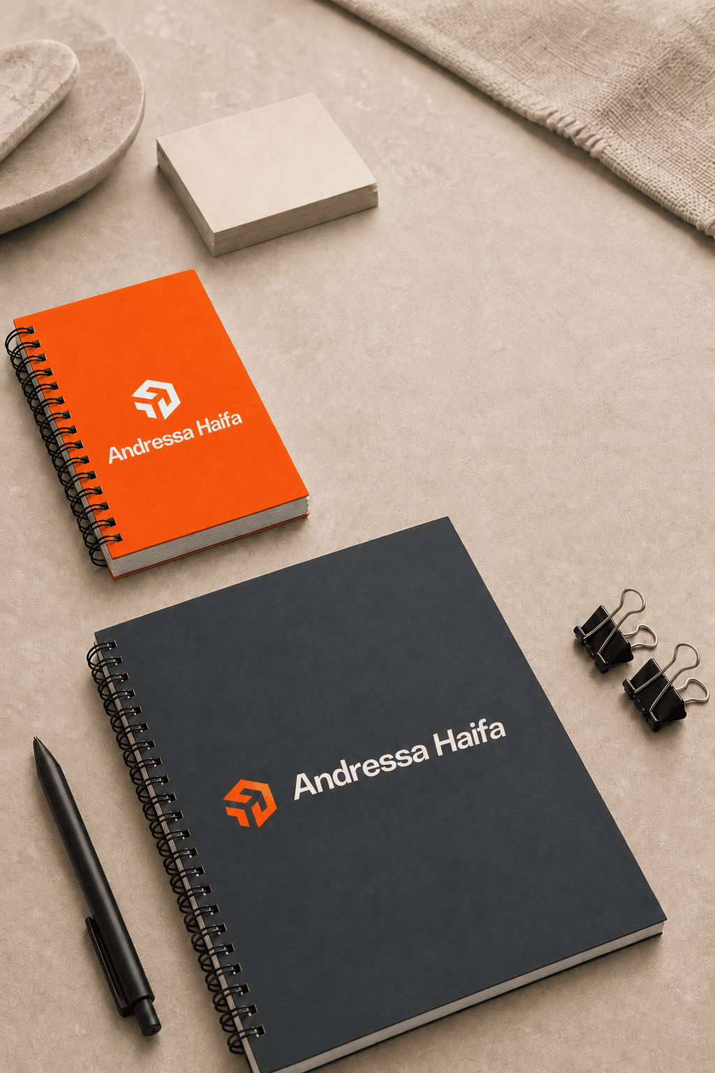 Mockup de cadernos laranja e grafite com a marca Andressa haifa